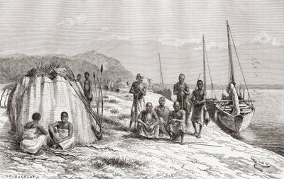 Congolese tribesmen by their boats on the Congo River in the 19th century, from 